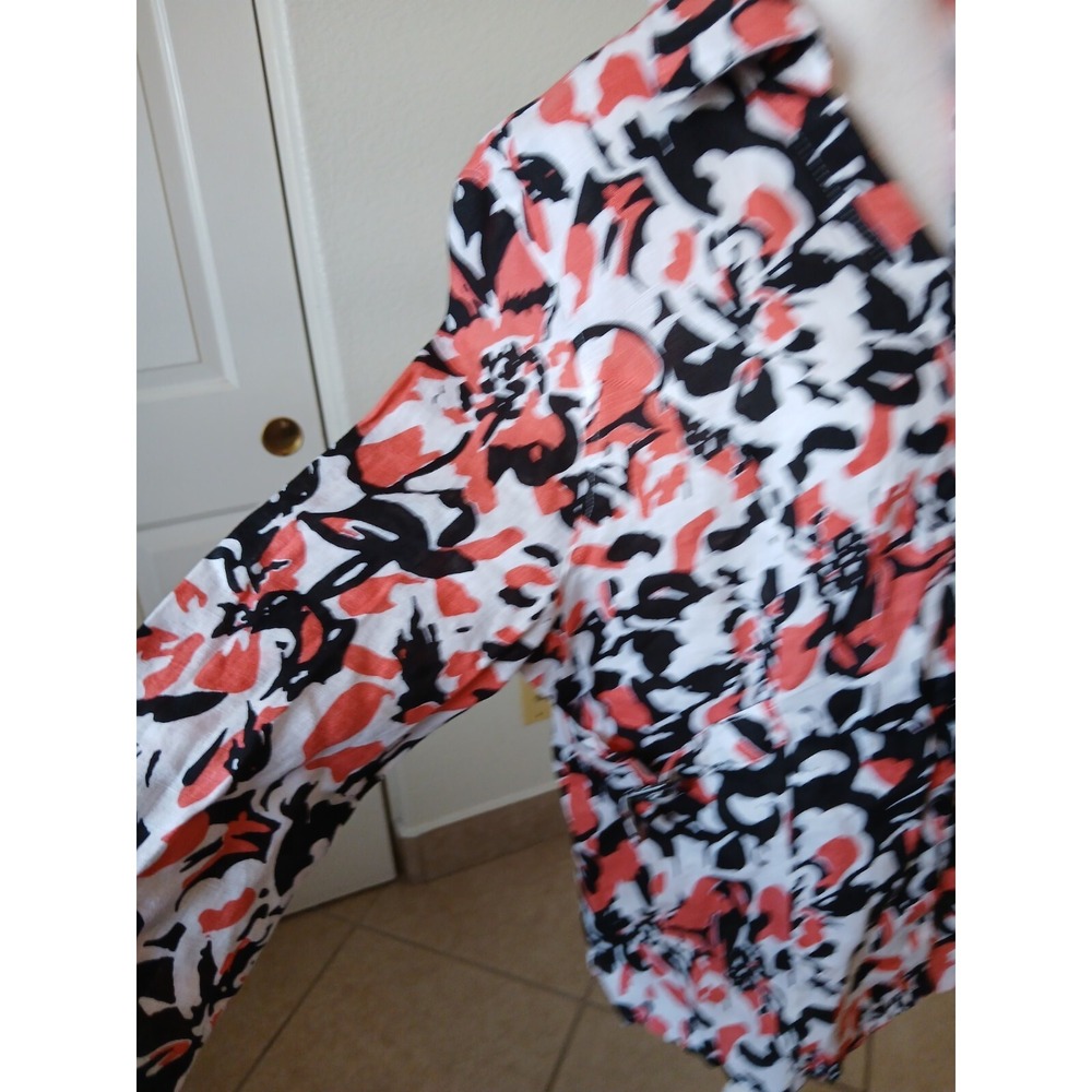 David Brooks Floral Linen Blouse XL Button Front Belted Casual Top - Picture 7 of 16